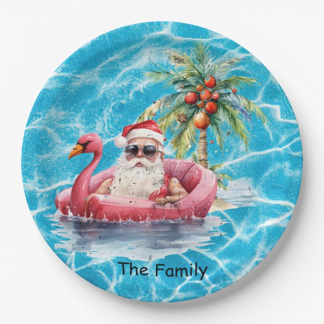  SANTA Claus pool party  Christmas in July  Paper Plate (Front)