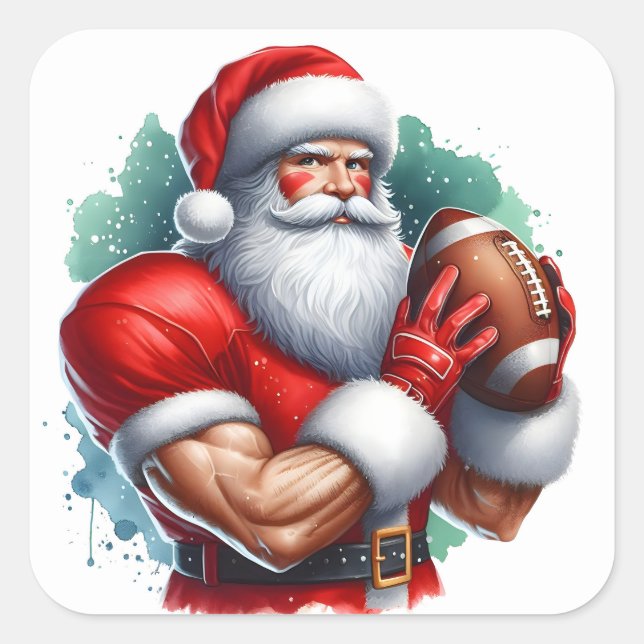 Santa Claus Poses Confidently With a Football Square Sticker (Front)