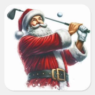 Santa Claus Practicing Golf in a Snowy Landscape Square Sticker