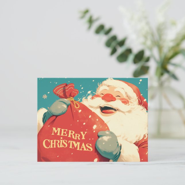 Santa Claus Preparing Christmas Gifts - Retro Art Holiday Postcard (Standing Front)