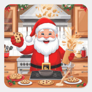 Santa Claus Preparing Christmas Treats In Kitchen Square Sticker