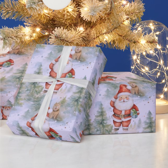 Santa Claus Puppy Snow Modern Christmas Wrapping Paper (Holidays)