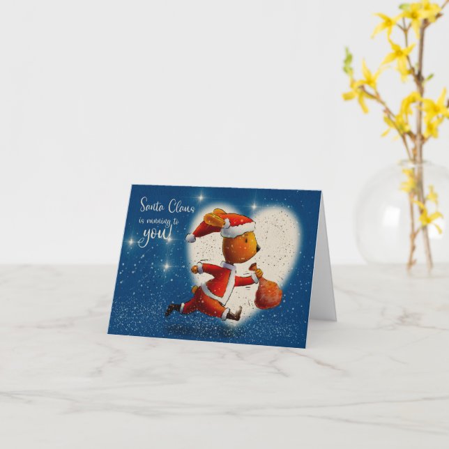 Santa Claus Rabbit is running to you Card (Yellow Flower)