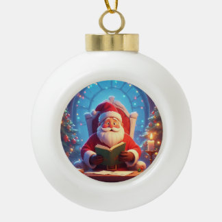 Santa Claus Reading a Book by Candlelight Ceramic Ball Christmas Ornament