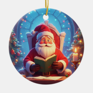 Santa Claus Reading a Book by Candlelight Ceramic Tree Decoration