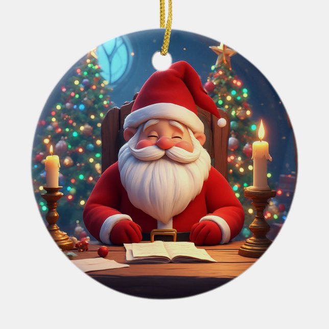 Santa Claus Reading a Book by Candlelight Ceramic Tree Decoration (Front)