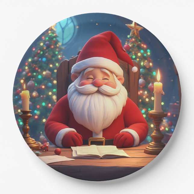 Santa Claus Reading a Book by Candlelight Paper Plate (Front)