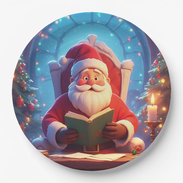 Santa Claus Reading a Book by Candlelight Paper Plate (Front)