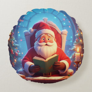 Santa Claus Reading a Book by Candlelight Round Cushion