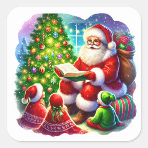Santa Claus Reading a Story by the Christmas Tree Square Sticker