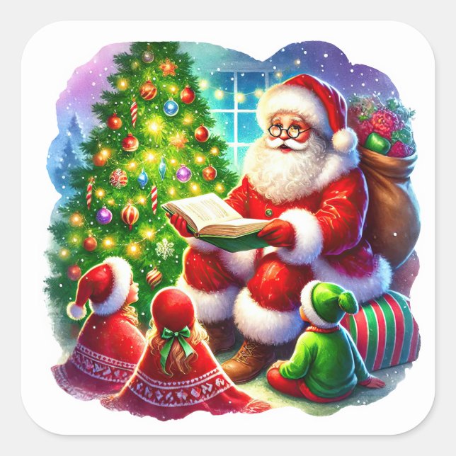 Santa Claus Reading a Story by the Christmas Tree Square Sticker (Front)