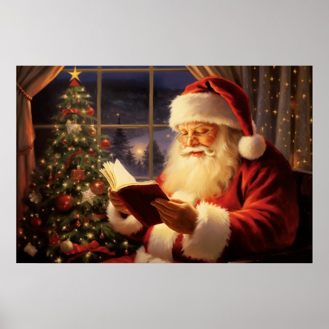 Santa Claus Reading by the Christmas Tree Poster (Front)