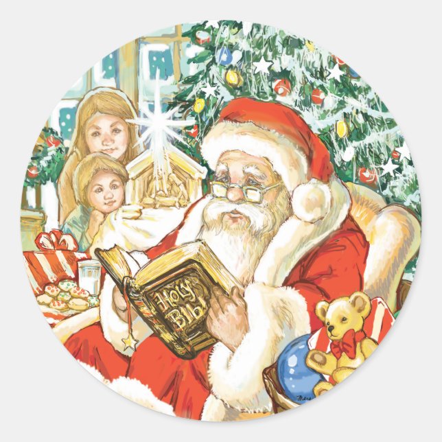 Santa Claus Reading the Bible on Christmas Eve Classic Round Sticker (Front)