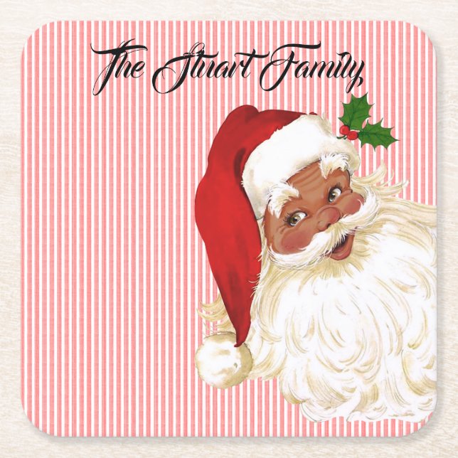 Santa Claus Red White Stripe  Square Paper Coaster (Front)
