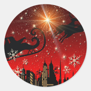 Santa Claus Reindeer and Sleigh Flying Classic Round Sticker