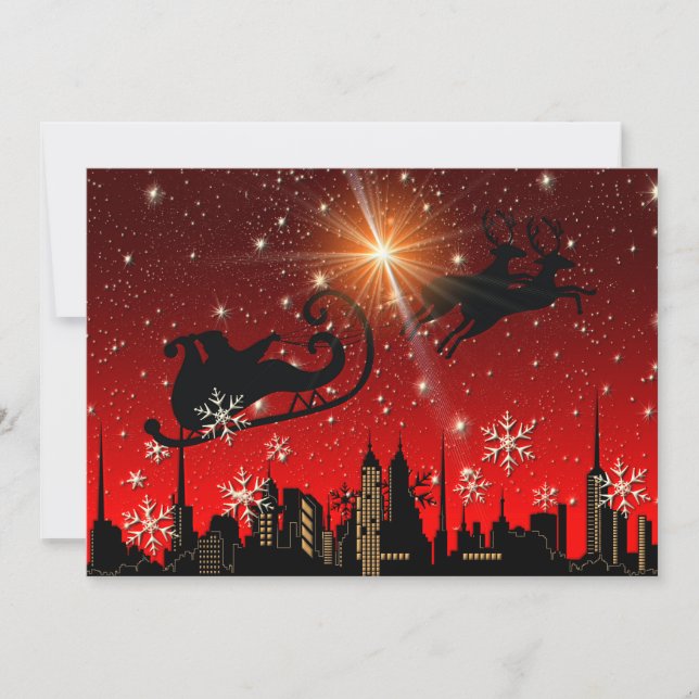 Santa Claus Reindeer and Sleigh Flying Holiday Card (Front)