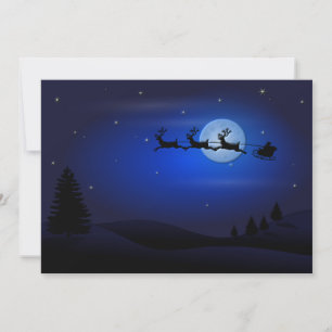 Santa Claus Reindeer and Sleigh over Moon Holiday Card