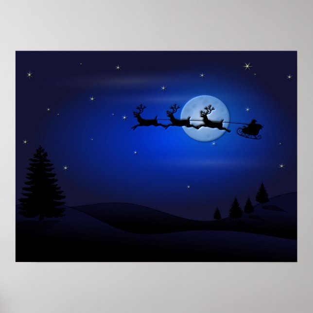 Santa Claus Reindeer and Sleigh over Moon Poster (Front)
