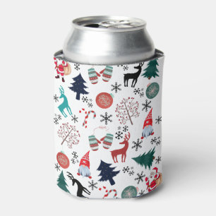 Santa Claus Reindeer Pine Trees Mittens Pattern Can Cooler