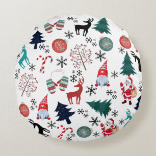 Santa Claus Reindeer Pine Trees Mittens Round Cushion