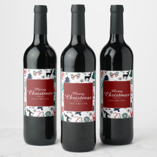 Santa Claus Reindeer Pine Trees Mittens Wine Label