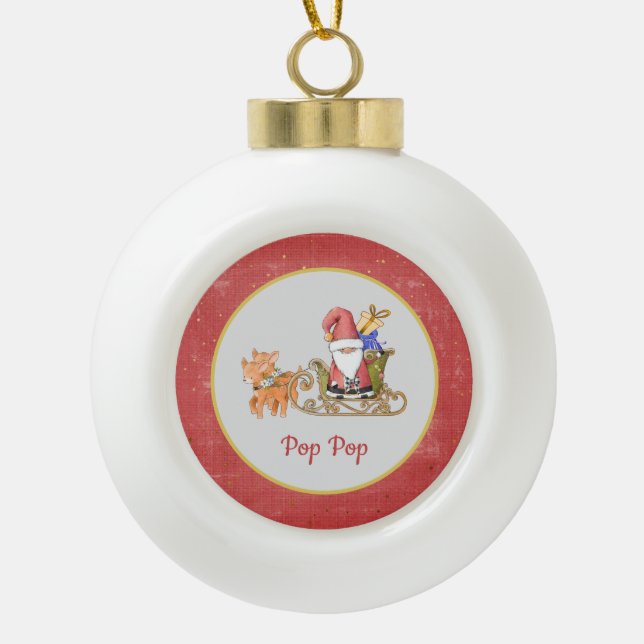 Santa Claus Reindeer Sleigh Year Name Custom Ceramic Ball Christmas Ornament (Front)