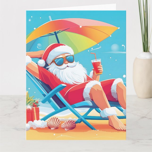 Santa Claus Relaxing on a Tropical Beach Sunbed  Card (Front)