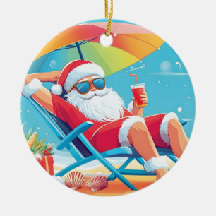 Santa Claus Relaxing on a Tropical Beach Sunbed Ceramic Tree Decoration