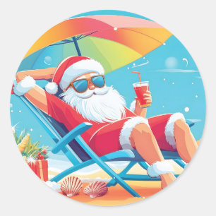 Santa Claus Relaxing on a Tropical Beach Sunbed  Classic Round Sticker