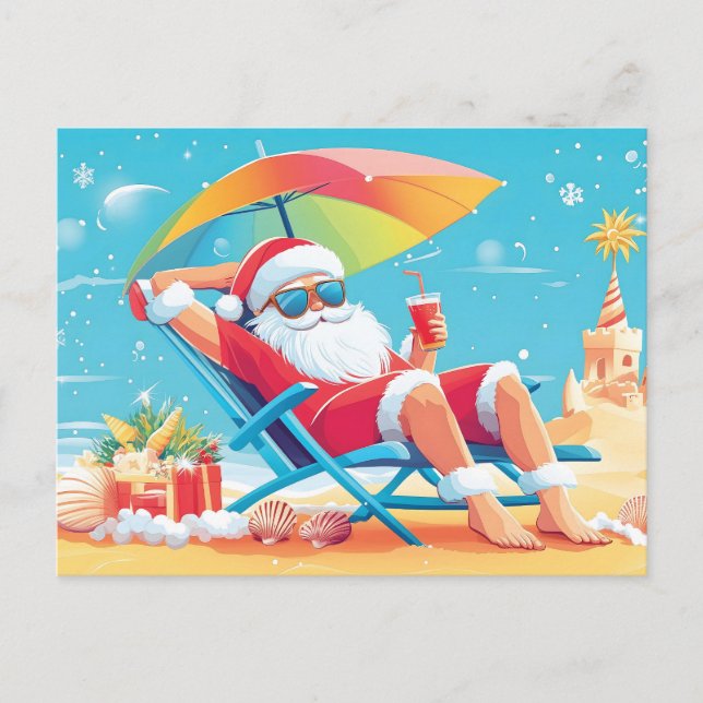 Santa Claus Relaxing on a Tropical Beach Sunbed  Holiday Postcard (Front)