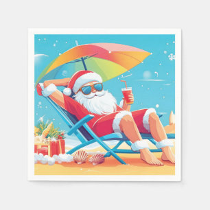 Santa Claus Relaxing on a Tropical Beach Sunbed  Napkin