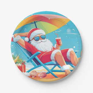 Santa Claus Relaxing on a Tropical Beach Sunbed  Paper Plate