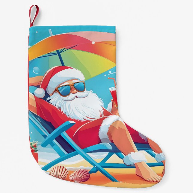 Santa Claus Relaxing on a Tropical Beach Sunbed  Small Christmas Stocking (Front)