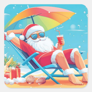 Santa Claus Relaxing on a Tropical Beach Sunbed Square Sticker
