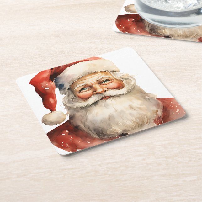 Santa Claus Retro Christmas Square Paper Coaster (Angled)