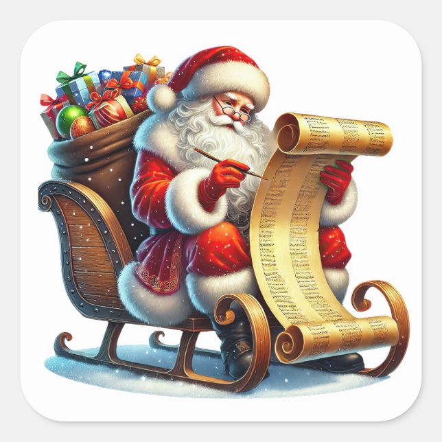 Santa Claus Reviews His List With a Bag of Gifts Square Sticker (Front)