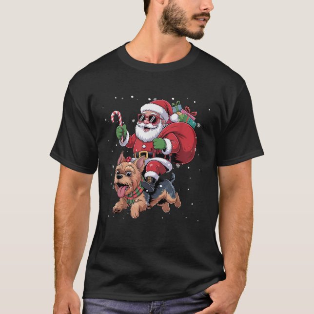 Santa Claus Ride Yorkshire Terrier Dog Christmas Y T-Shirt (Front)