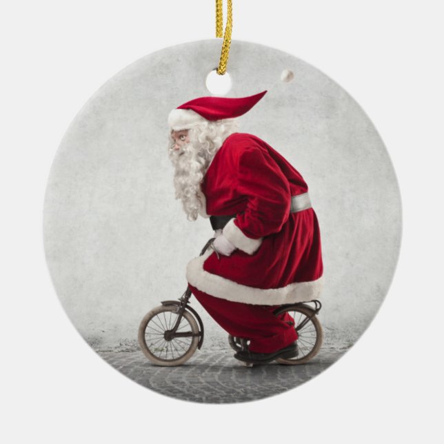 Santa Claus Rides A Bicycle Ceramic Tree Decoration (Front)