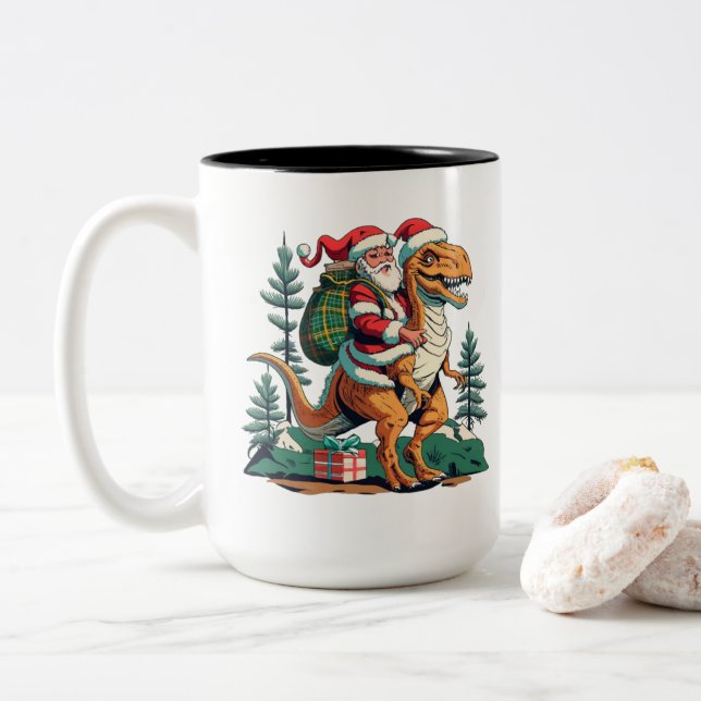 Santa Claus Rides a Dinosaur Two-Tone Coffee Mug (With Donut)