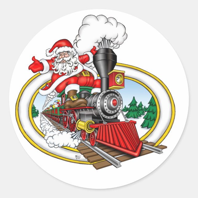 Santa Claus rides a Steam Locomotive Classic Round Sticker (Front)