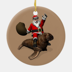 Santa Claus Rides A Walrus Ceramic Tree Decoration
