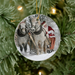 Santa Claus rides in a Horse sleigh Ceramic Tree Decoration