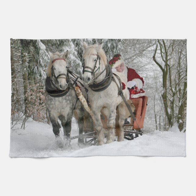 Santa Claus rides in a Horse sleigh Tea Towel (Horizontal)