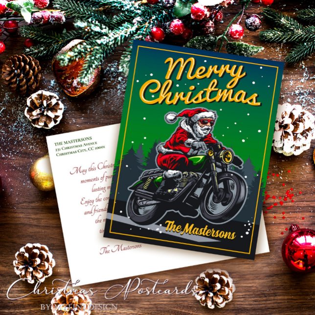 Santa Claus Rides On A Motorcycle Merry Christmas Holiday Postcard (Creator Uploaded)