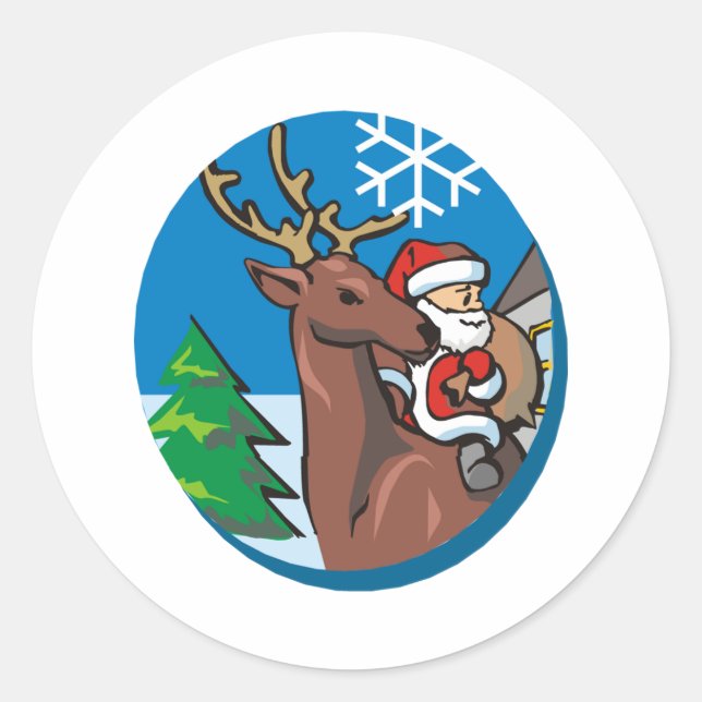 Santa Claus Rides Reindeer Classic Round Sticker (Front)