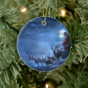 Santa Claus rides reindeer sleigh Ceramic Tree Decoration