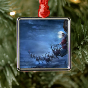 Santa Claus rides reindeer sleigh Metal Tree Decoration