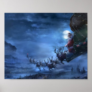 Santa Claus rides reindeer sleigh Poster