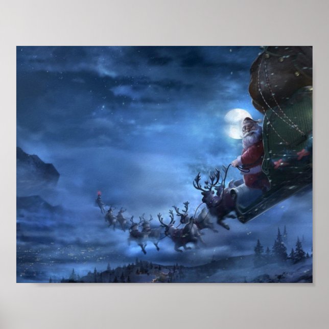 Santa Claus rides reindeer sleigh Poster (Front)