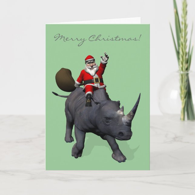 Santa Claus Rides Rhino Rhinoceros Holiday Card (Front)